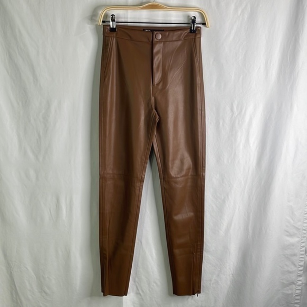 Zara cognac faux leather pants zippers at ankles